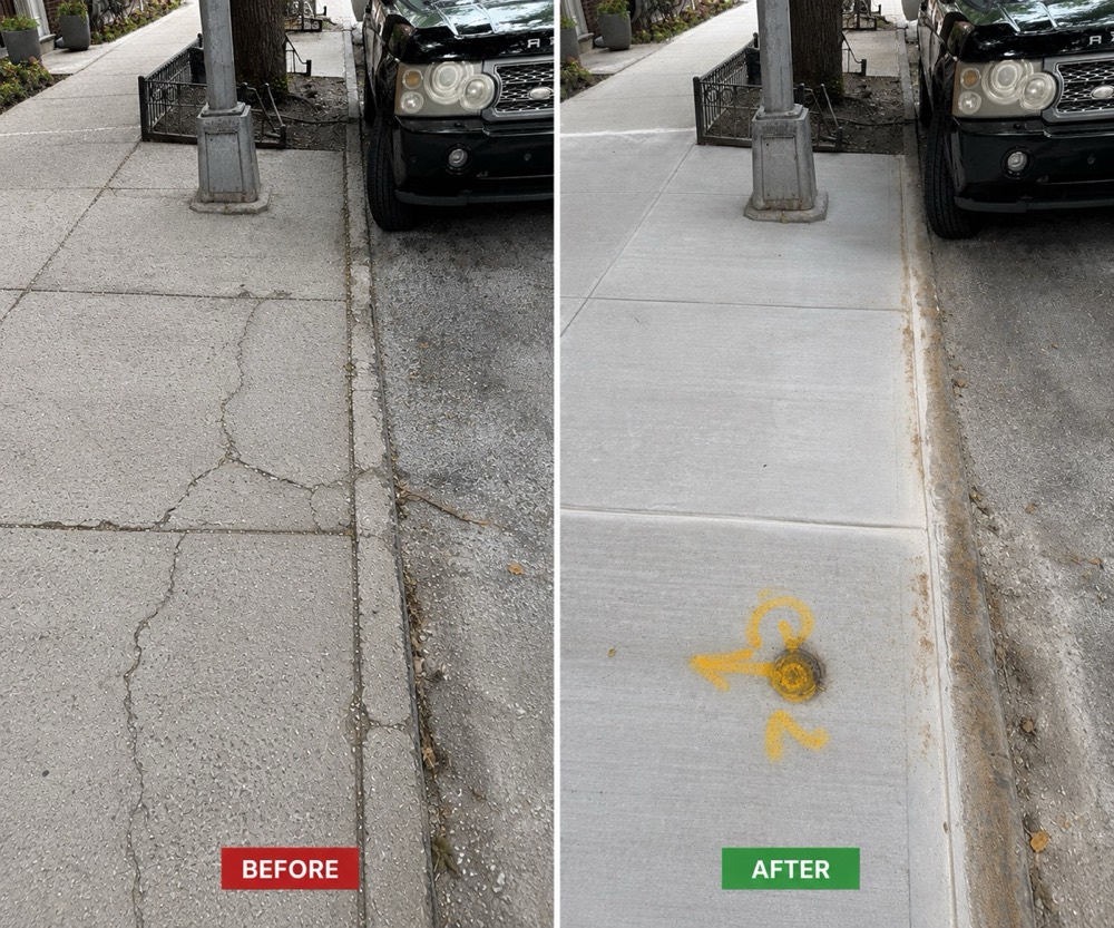 Before and after view of sidewalk repair at 225 Park Pl in Prospect Heights, showing cracked concrete replaced with new sidewalk slabs.
