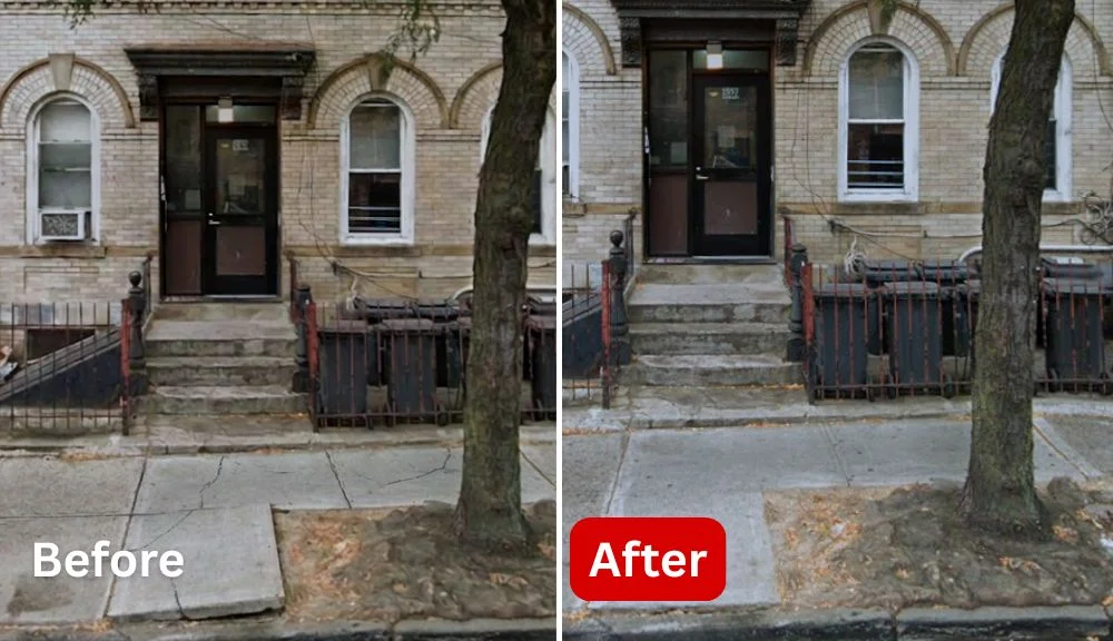 before and after view of repaired sidewalk slabs at 1557 dekalb ave in bushwick, brooklyn