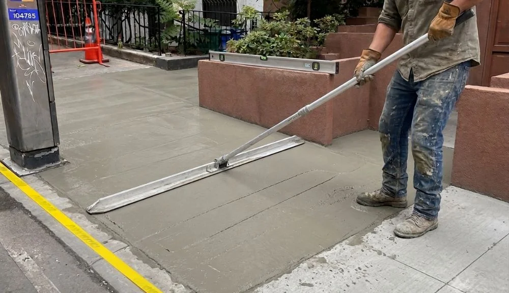 worker leveling fresh concrete during sidewalk repair at 151 e 37th st in new york