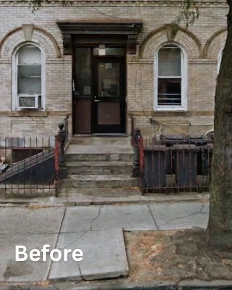 Cracked sidewalk slabs lifted by tree roots outside 1557 Dekalb Ave in Bushwick, Brooklyn, before repair