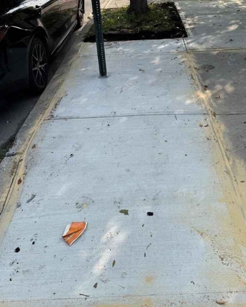 New broom-finished concrete sidewalk outside 117 MacDonough St in Bedford-Stuyvesant, Brooklyn, after repair