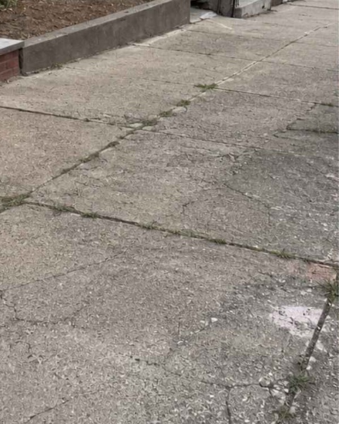 Cracked and weathered sidewalk slabs outside 954 Ogden Ave in Brooklyn before repair
