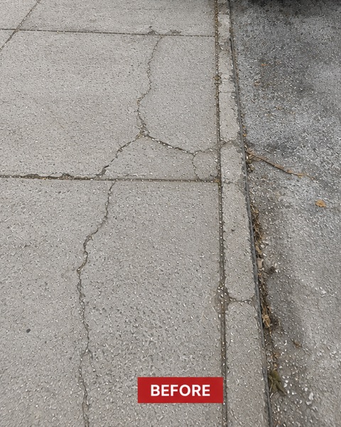 Cracked and deteriorated sidewalk slabs outside 225 Park Pl in Prospect Heights, Brooklyn, before repair