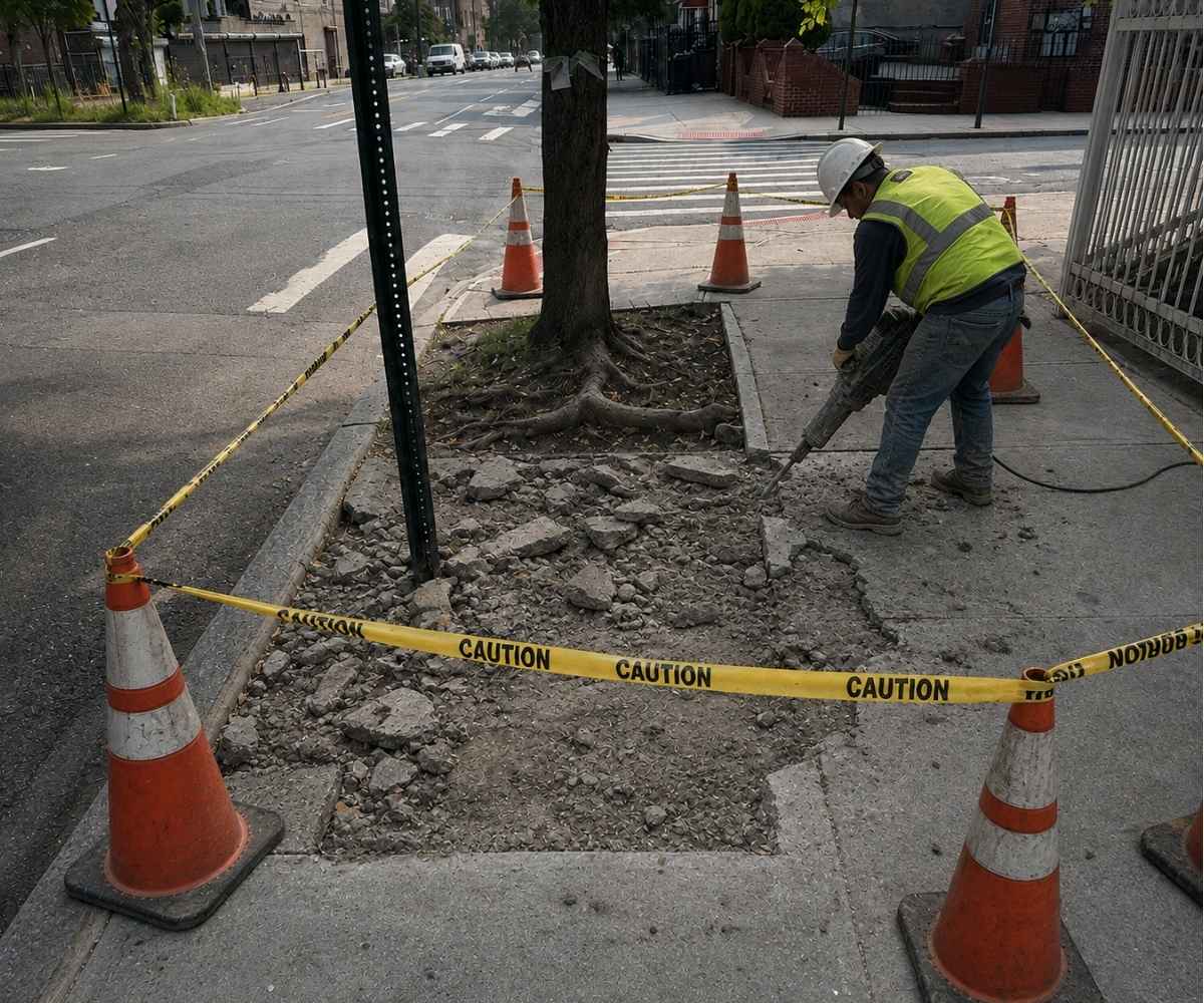 Sidewalk repair crew removing damaged concrete near a street tree during restoration work at 117 MacDonough St in Brooklyn.