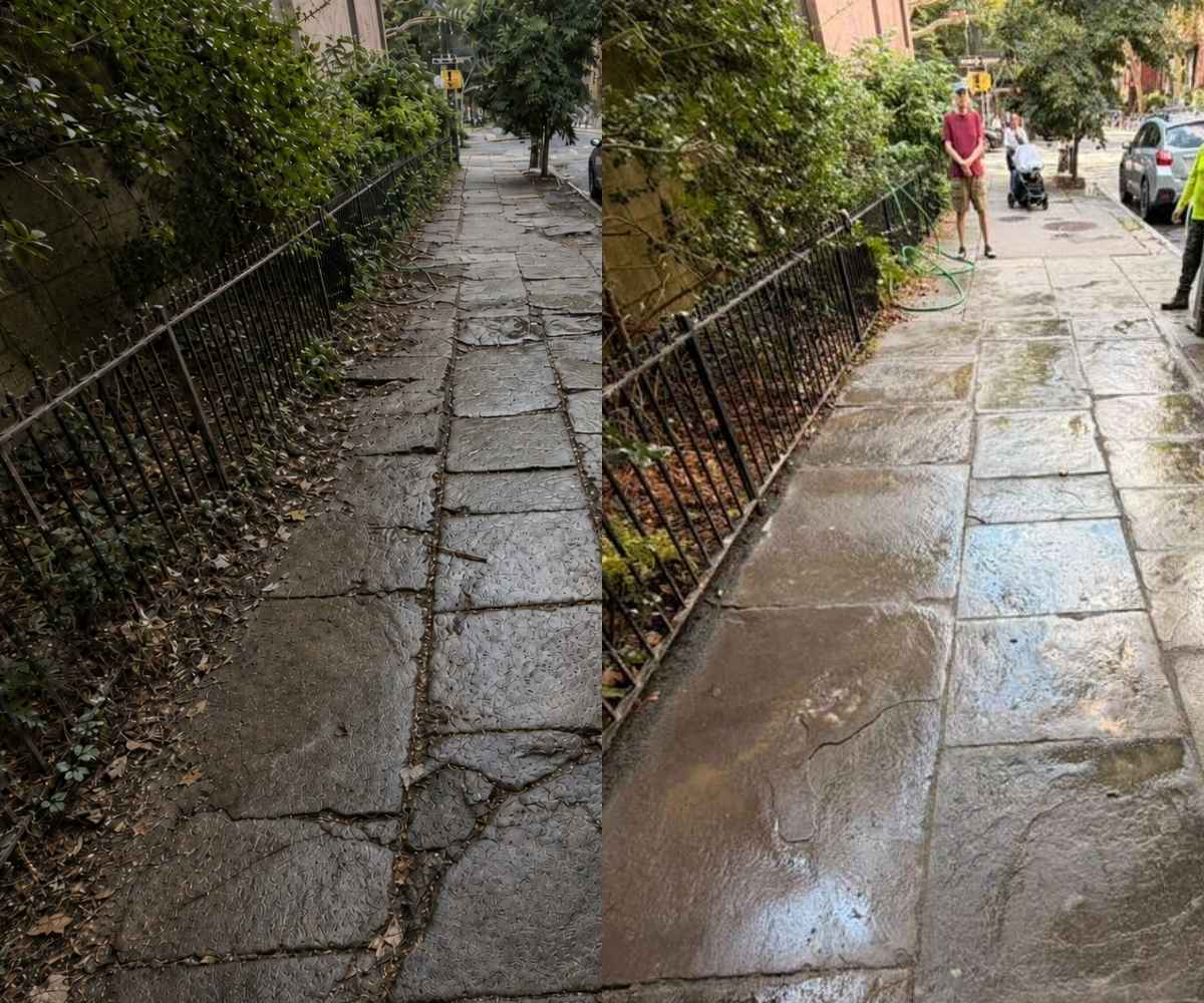 Before and after comparison showing the uneven bluestone sidewalk and completed restoration in Cobble Hill, Brooklyn.
