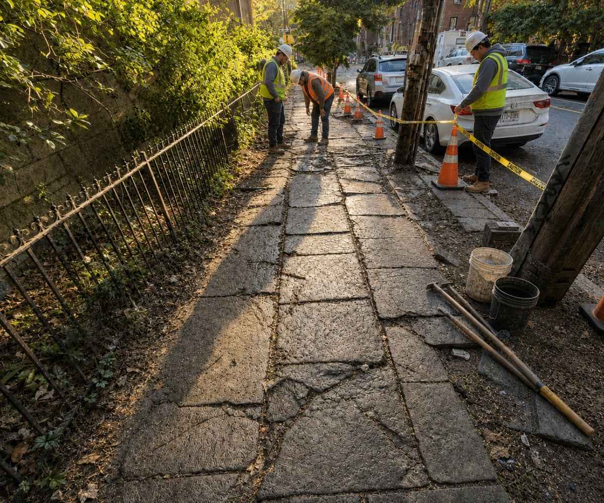 Crew preparing an uneven bluestone sidewalk for restoration at 301 Clinton Street in Cobble Hill, Brooklyn.
