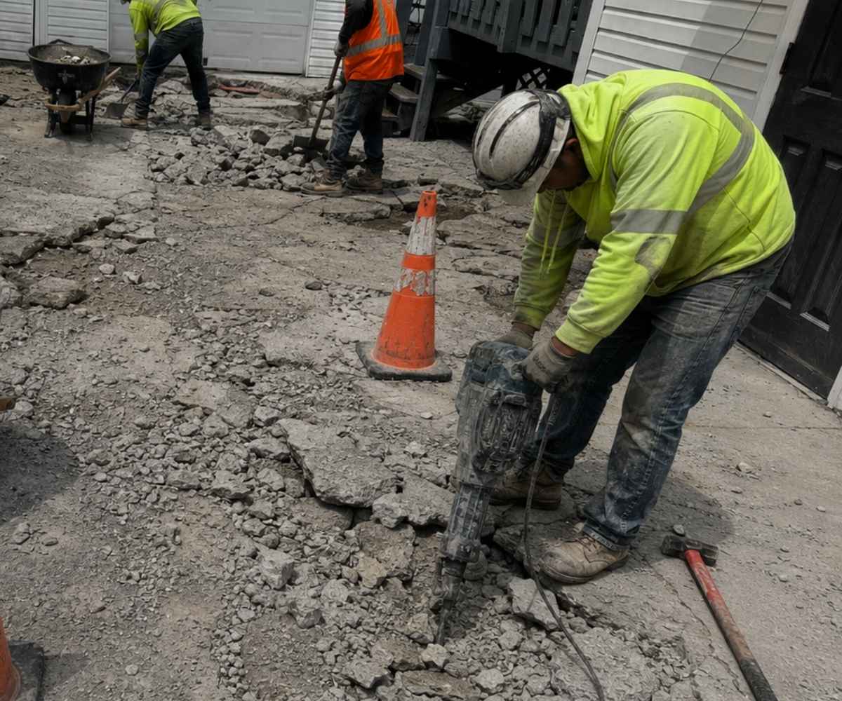 Construction crew removing damaged concrete with a jackhammer during a residential driveway replacement project in Brooklyn, NY.