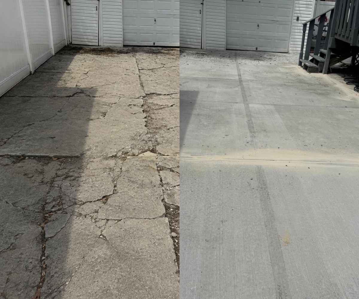 Before and after view of a cracked concrete driveway replaced with a new finished surface at a Brooklyn residential property.