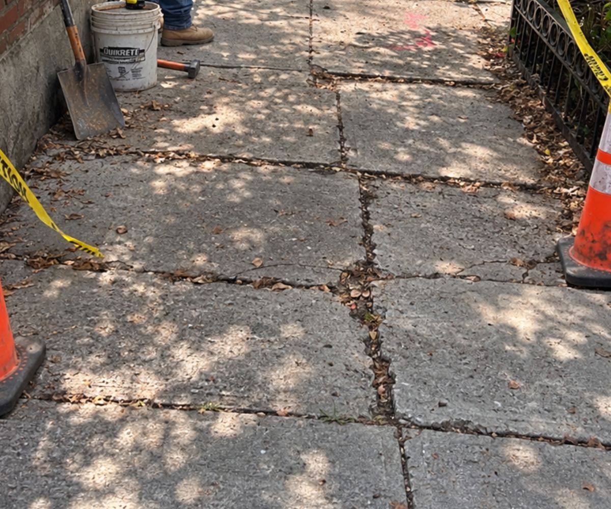 Uneven and cracked sidewalk slabs prepared for repair after tree root damage at a residential property in Brooklyn, NY.