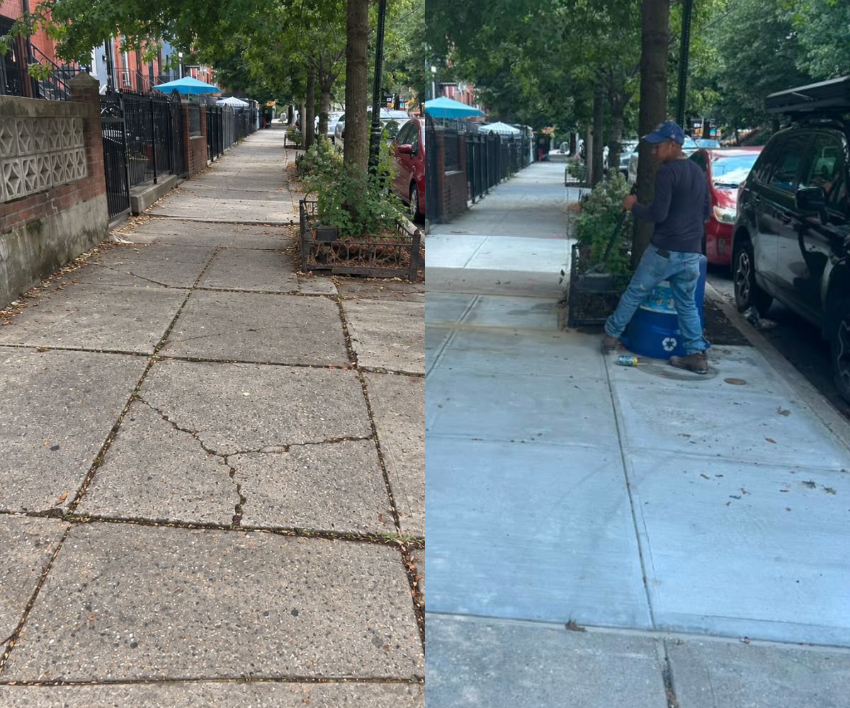 Before and after view of tree root-damaged sidewalk slabs replaced with new concrete at 146 Hull St in Brooklyn, NY.