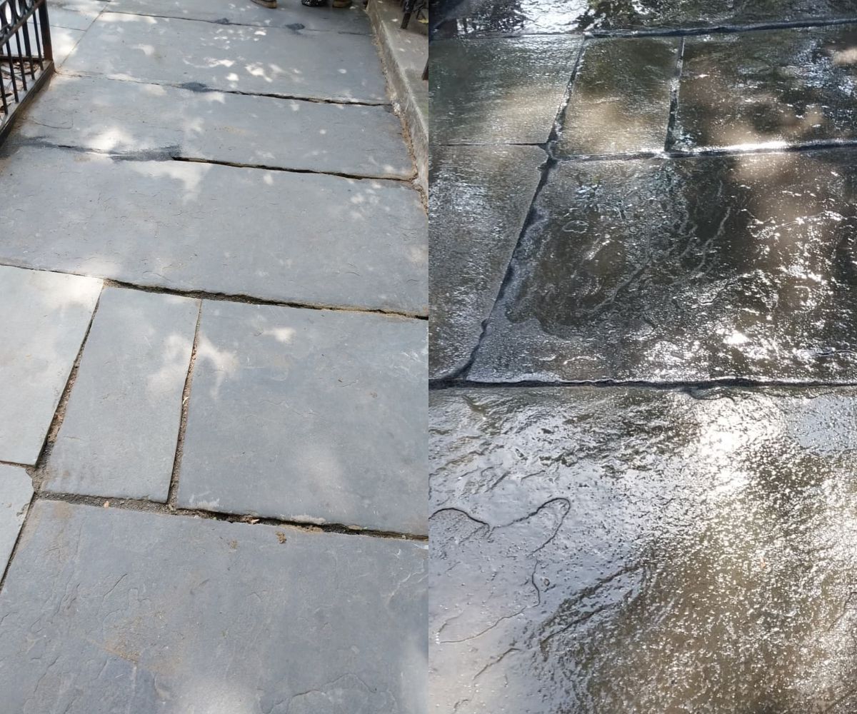 Before and after view of deteriorated bluestone sidewalk joints repaired and sealed at a residential property in Park Slope, Brooklyn.