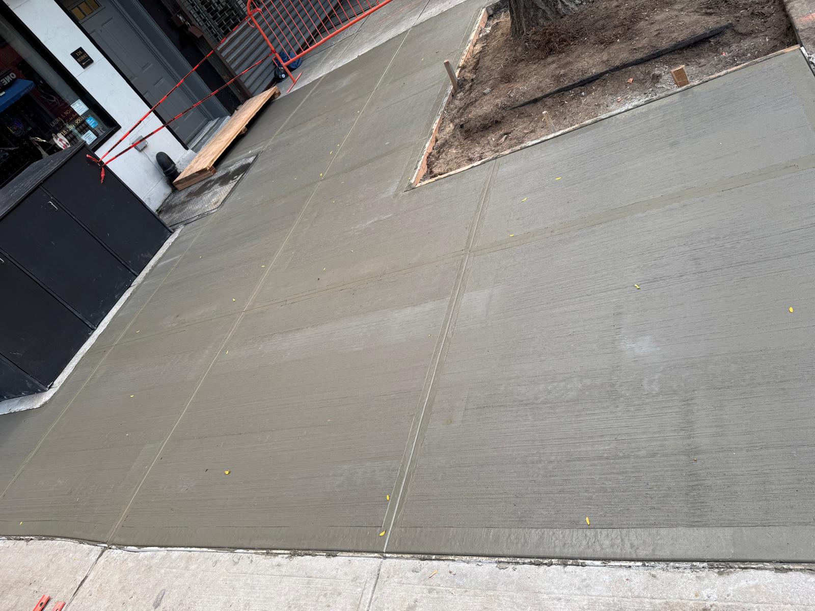 Newly poured, broom-finished concrete sidewalk slabs around the tree pit at 326 Atlantic Ave in Boerum Hill, Brooklyn.