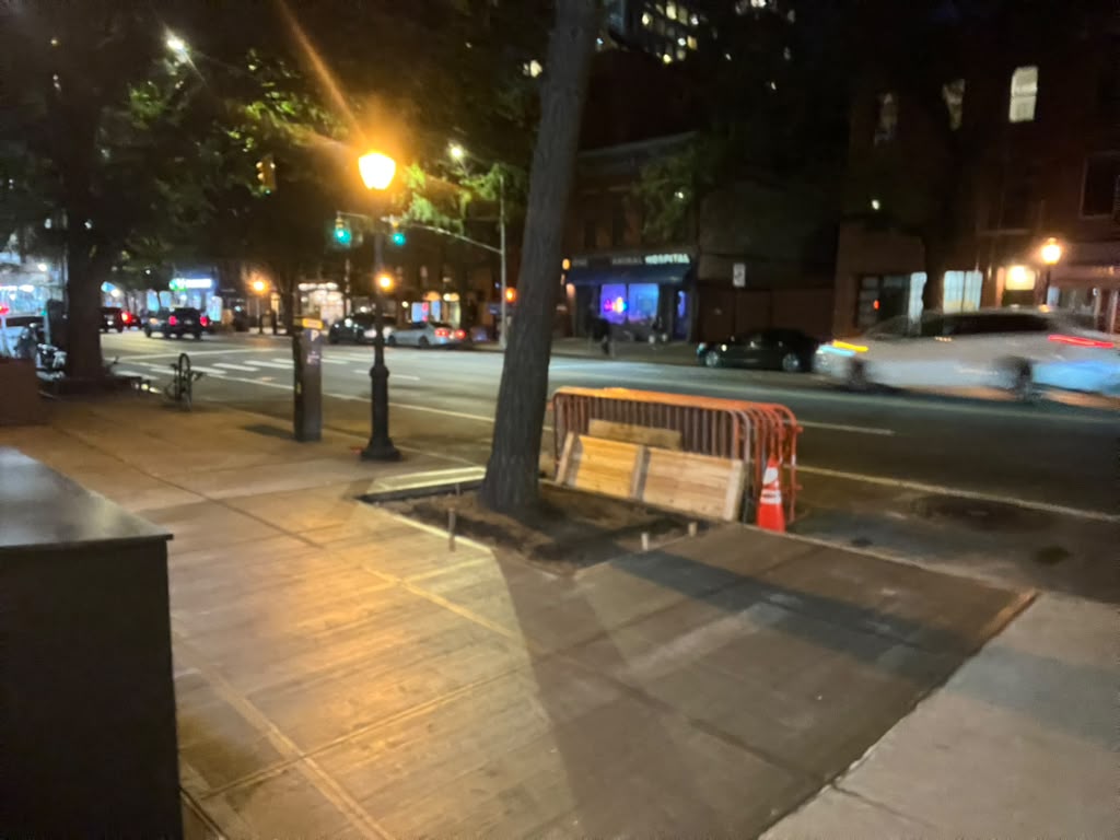 Repaired sidewalk and tree pit along Atlantic Ave in Boerum Hill, Brooklyn, with barricades protecting the new concrete while it cures.