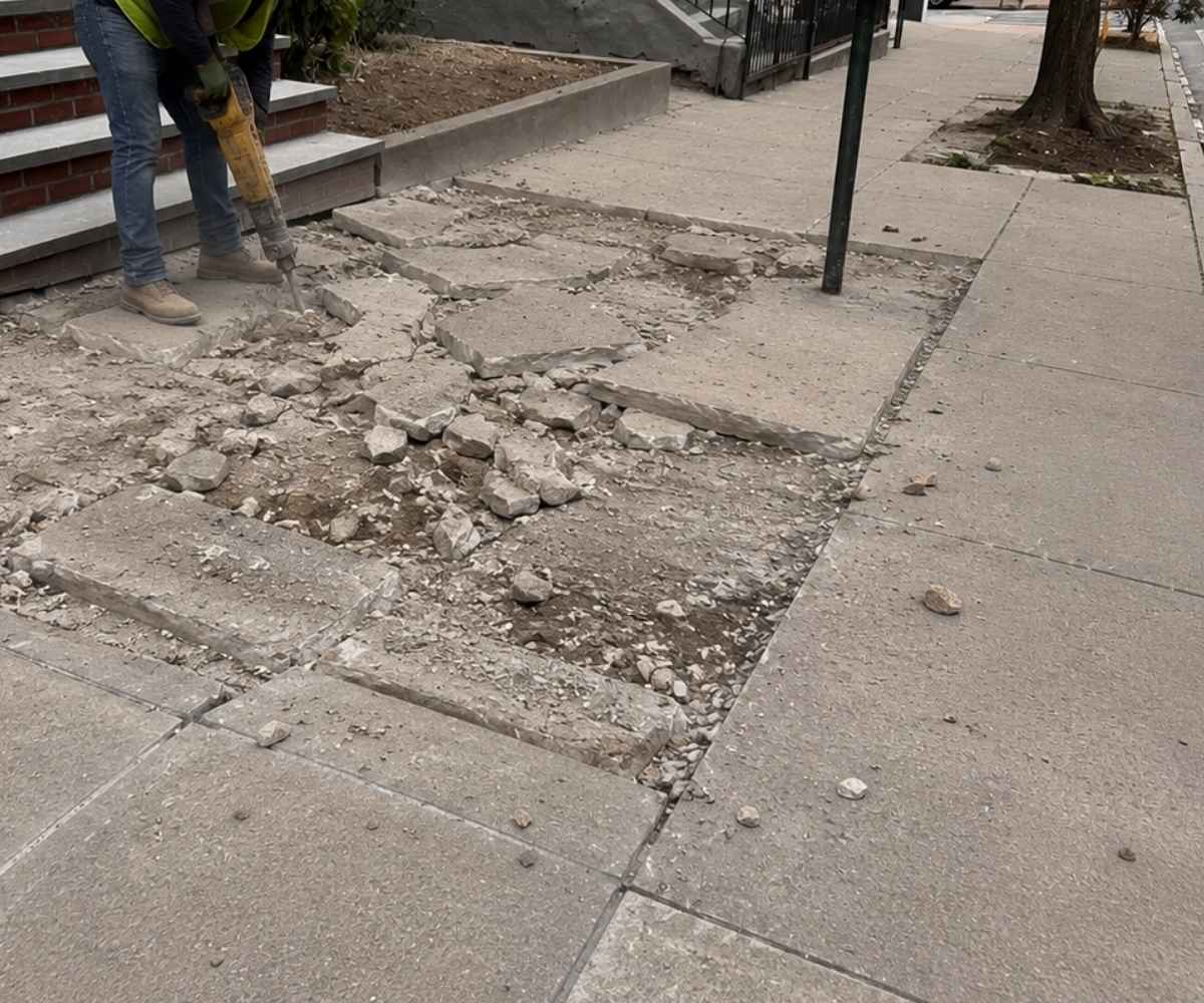 Crew removing deteriorated concrete during sidewalk and curb repair at 954 Ogden Ave in Brooklyn
