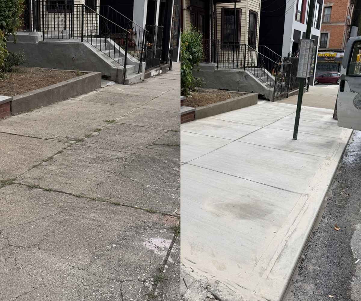 Before and after view of the damaged sidewalk and completed concrete restoration at 954 Ogden Ave in Brooklyn