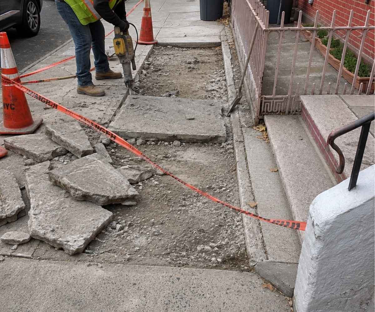 Contractor removing damaged concrete slabs during a residential sidewalk repair project in Brooklyn