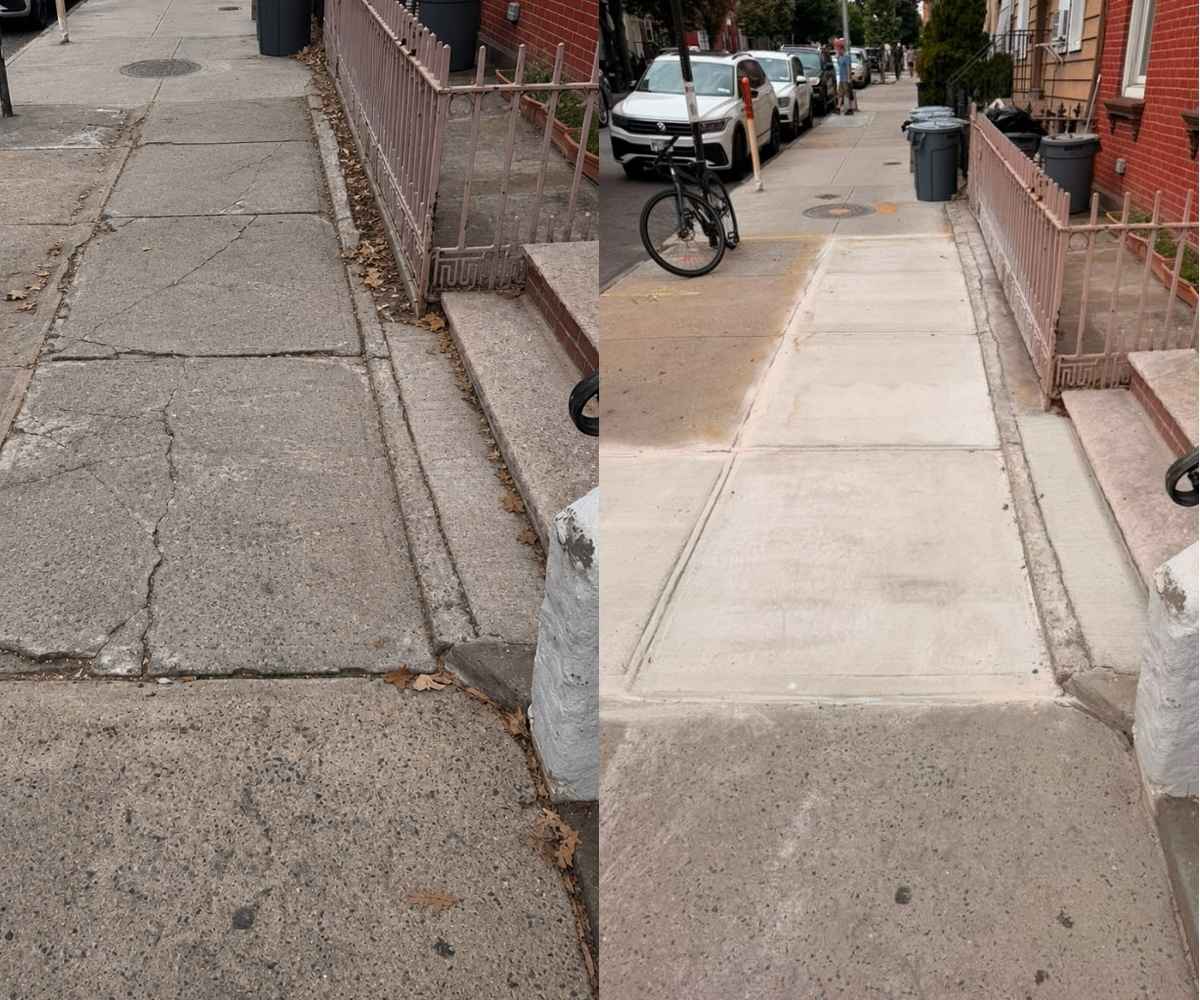 Before and after view of five damaged sidewalk slabs replaced with new concrete at a Brooklyn residential property