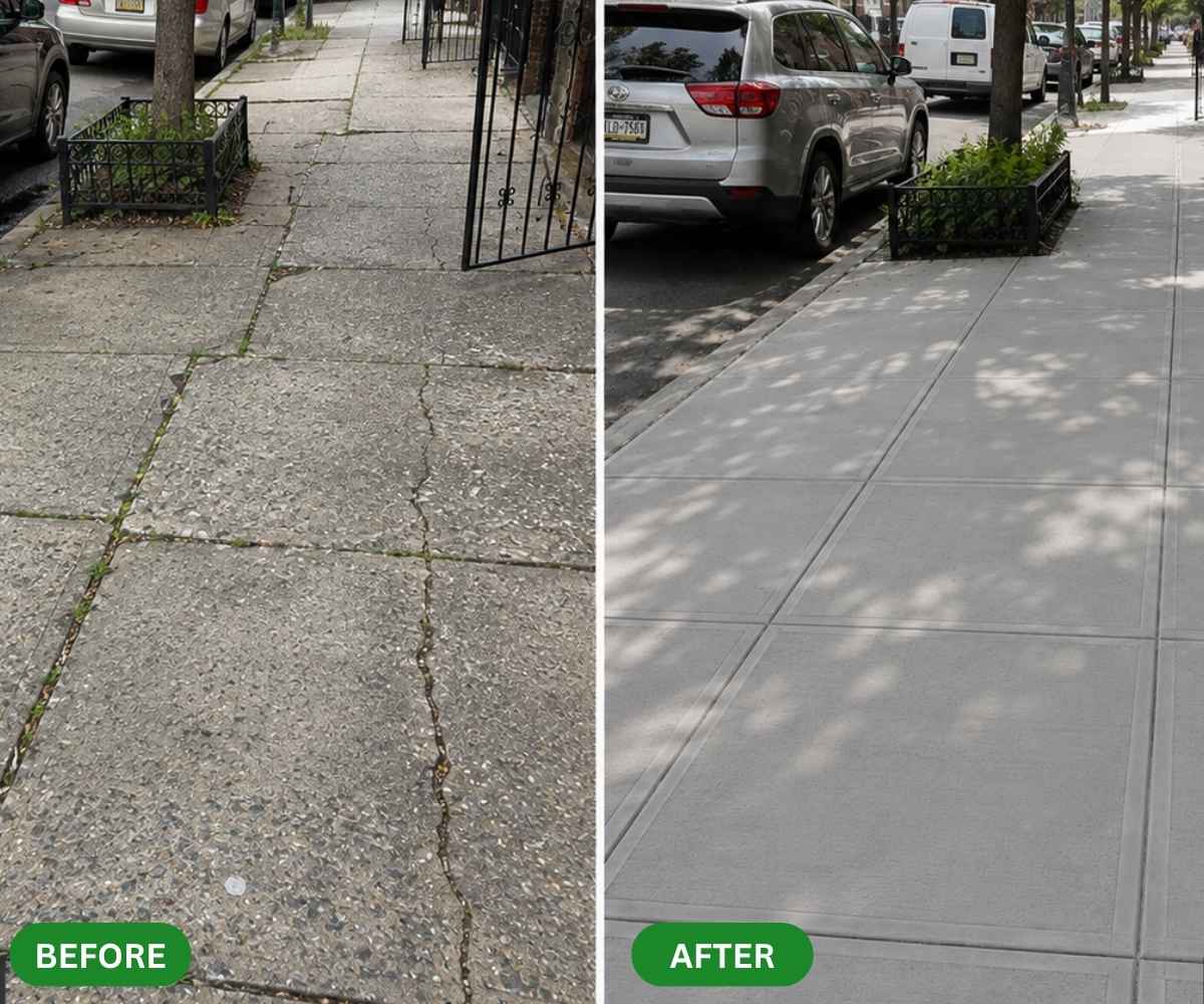 Before and after view of tree-root-damaged sidewalk slabs replaced with new concrete in Brooklyn