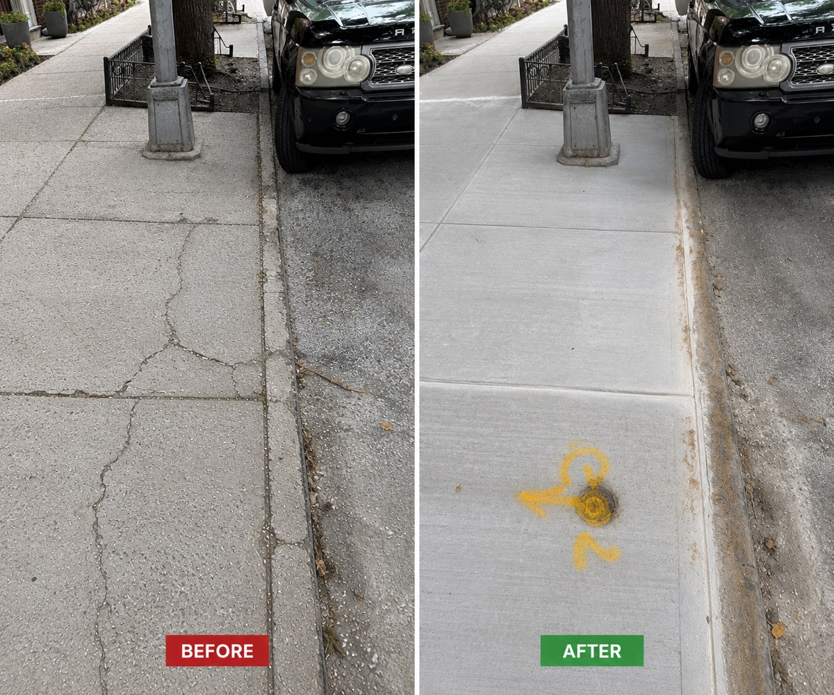 Before and after view of sidewalk repair at 225 Park Pl in Prospect Heights, showing cracked concrete replaced with new sidewalk slabs.